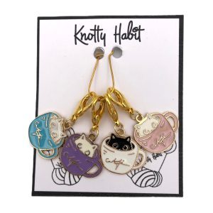 Cat in a Mug - 4 x Stitch Markers (Lobster Claw)